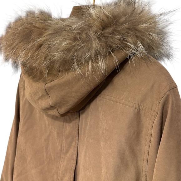 Bernardo Faux Suede Fall Winter Coat Size Small Raccoon Fur Trim Hood Womens - Picture 15 of 16
